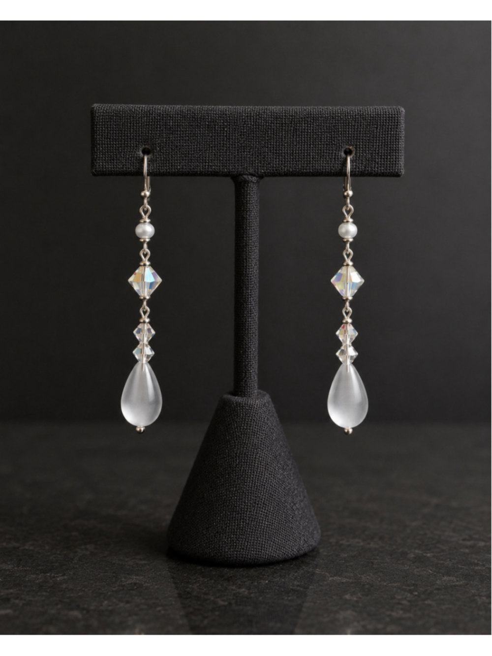 Dabby Reid Ltd White Cat’s Eye Teardrop & Aurora Crystal Dangle Earrings Silver